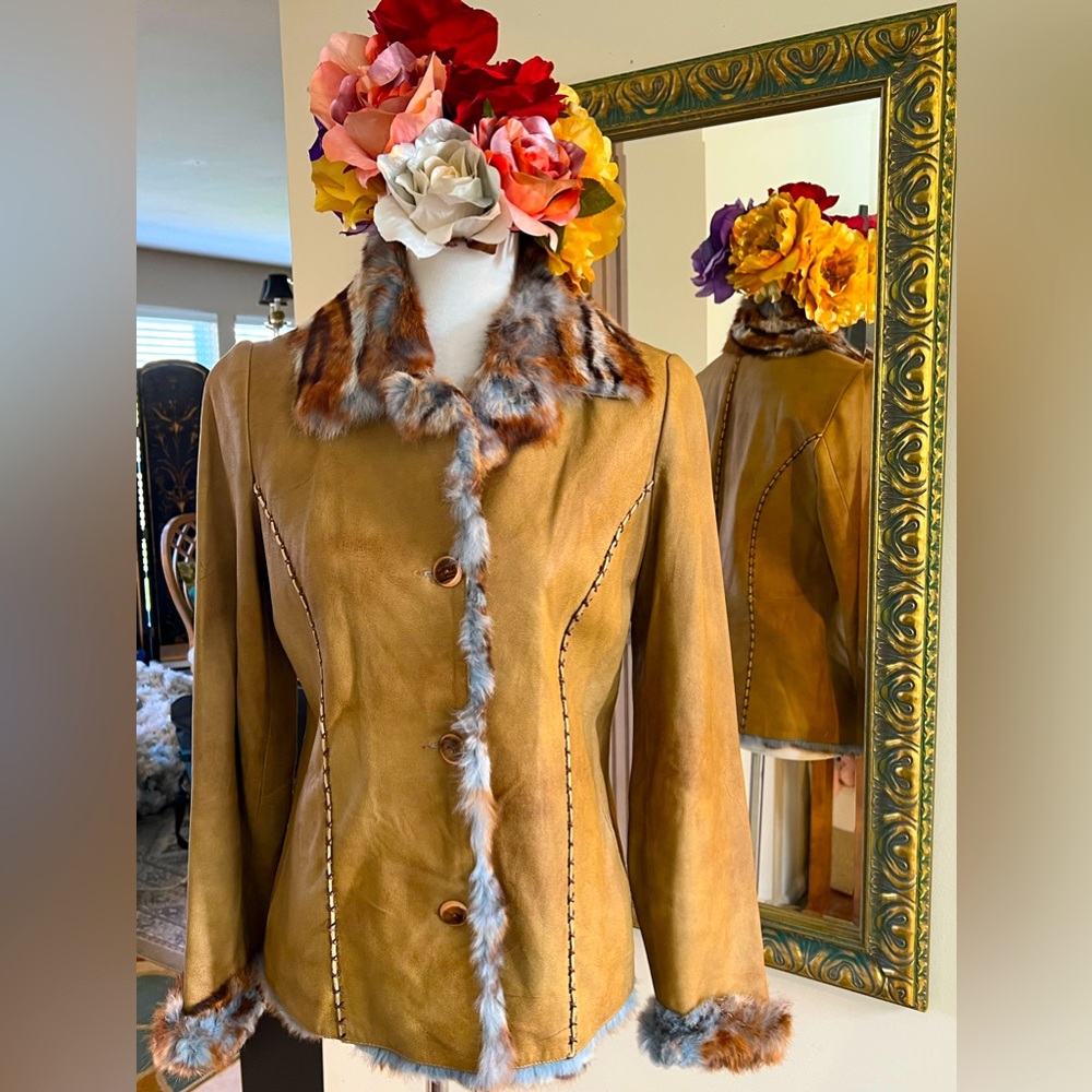 Cache Leather Jacket with Fur Trim